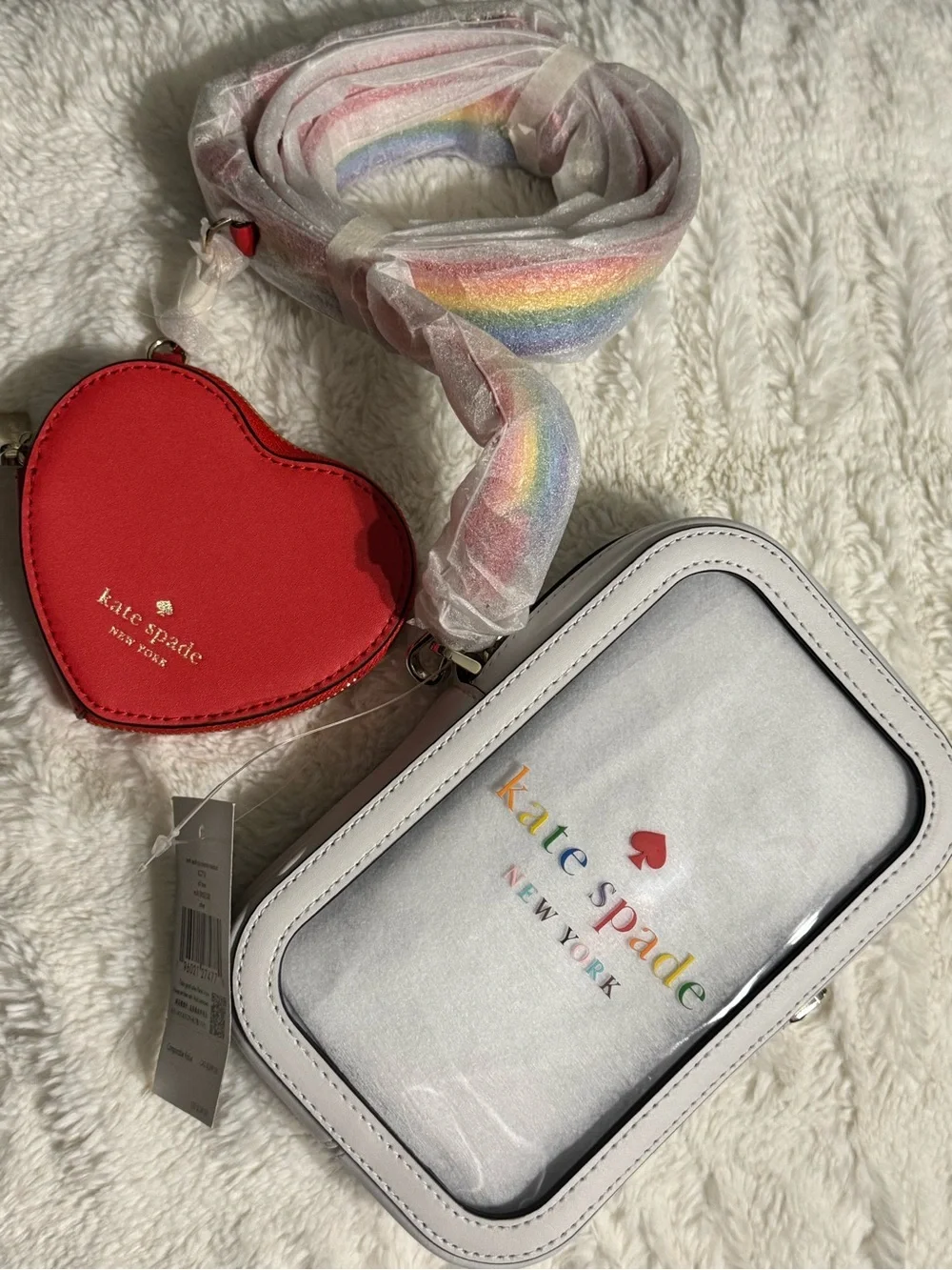 kate spade White Clear Crossbody with Red Heart Coin Pouch and Rainbow Strap